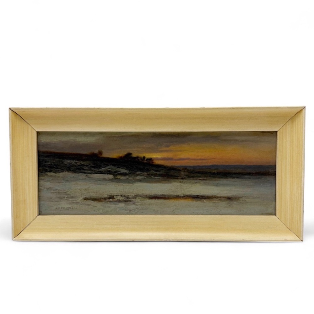 Albion Harris Bicknell Seascape at Sunset Oil Painting on Board 6x16 Framed